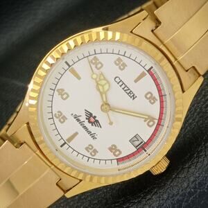 Vintage 1983 Citizen Automatic Mens Gold Watch W/daydate & Red accents